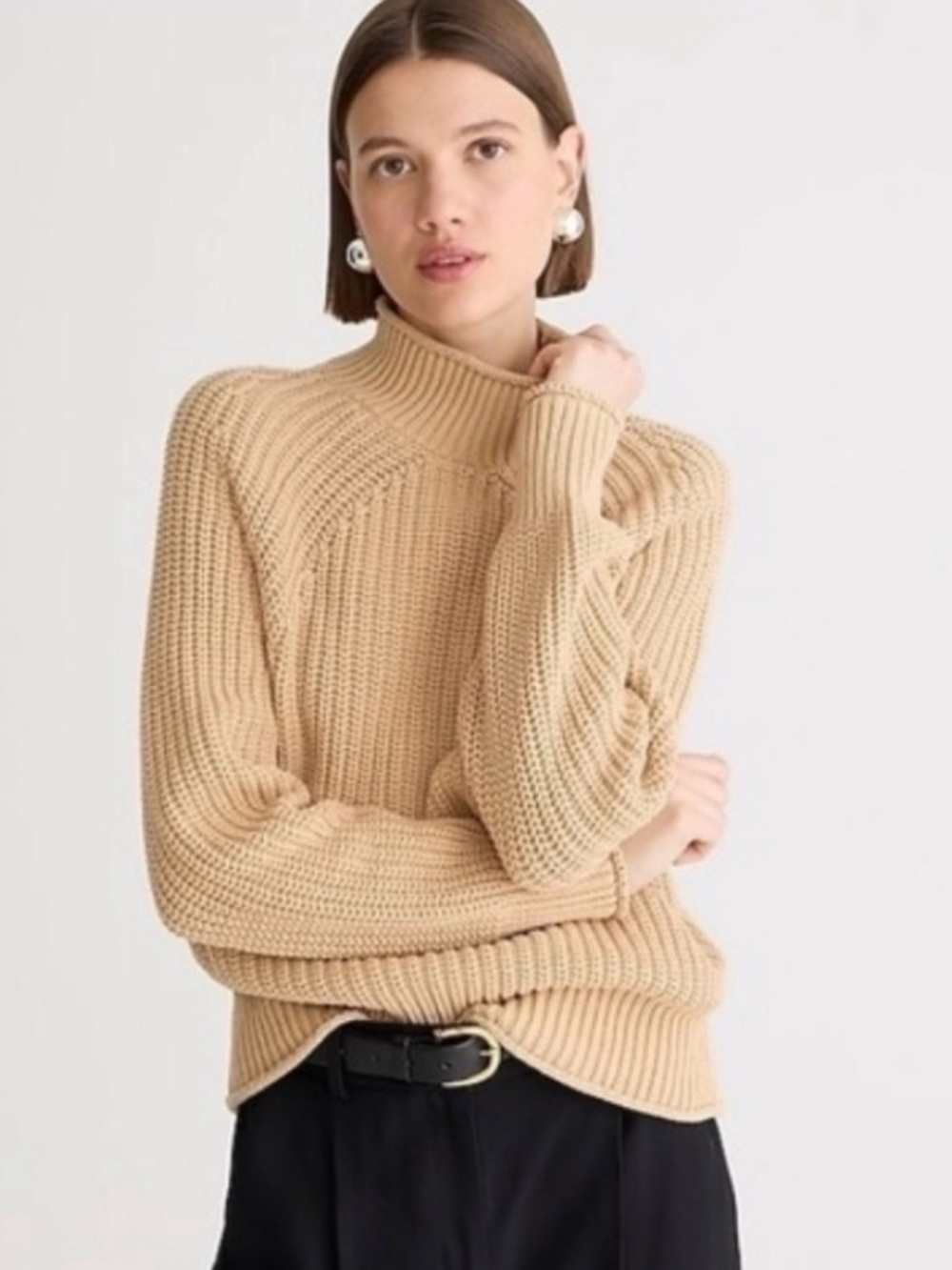 J.Crew Relaxed Rollneck Cotton Fisherman Knit Sweater in Sandy Beach Size SMALL